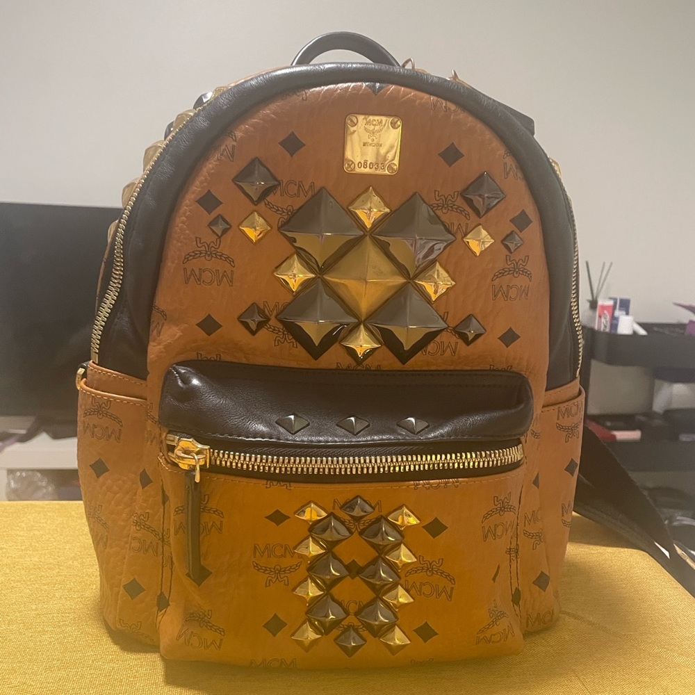 MCM Small Stark Studded Backpack | Authentic Cognac Visetos | Laptop Compartment